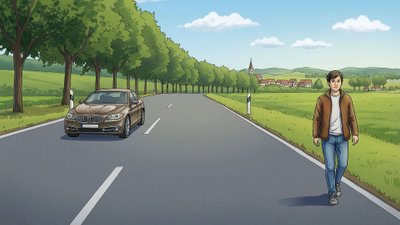 Fußgänger an einer Landstraße.