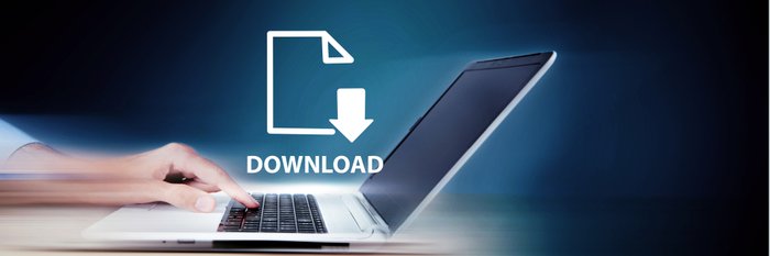 Hand an einem Laptop, darüber schwebt ein Download-Symbol.