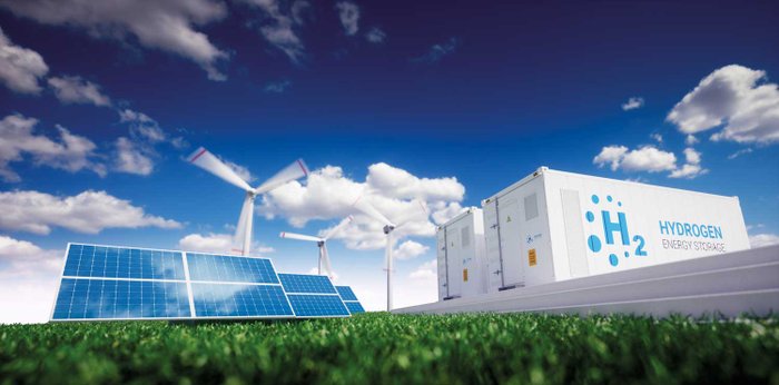 Ein Fotocomposing mit Solaranlage, Windkraftanlage und H2-Elektrolyse-Anlage.