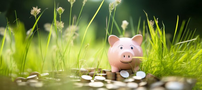 Sparschwein steht auf Münzen in hohem Gras.