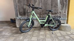 Grünes Fahrrad steht vor einer Holzwand