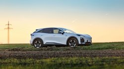 Ein weißer Changan Deepal S07 parkt auf einer Wiese.