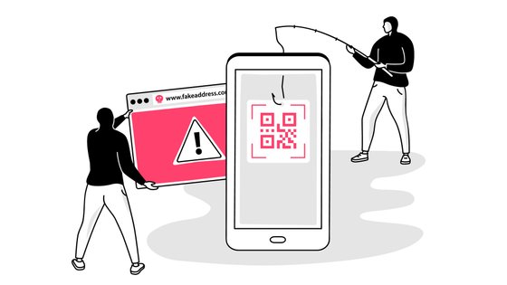 Illustration die zeigt, wie Betrüger versuchen über manipulierte QR-Codes Nutzer auf gefälschte Websites umzuleiten. 