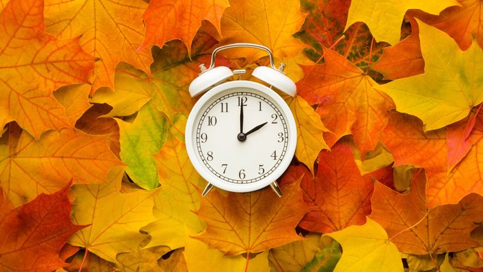 Wecker mit Herbstlaub als Symbol für die Zeitumstellung