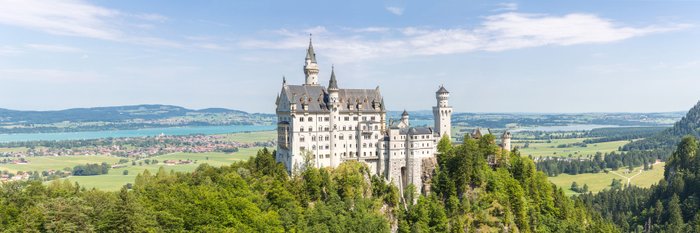 Ein Schloss, was von grüner Landschaft umgeben ist.