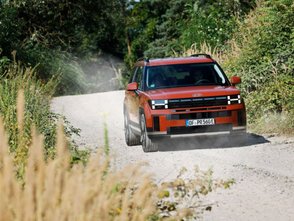 Frontansicht des Hyundai Santa Fe in einer Sandgrube mit Büschen