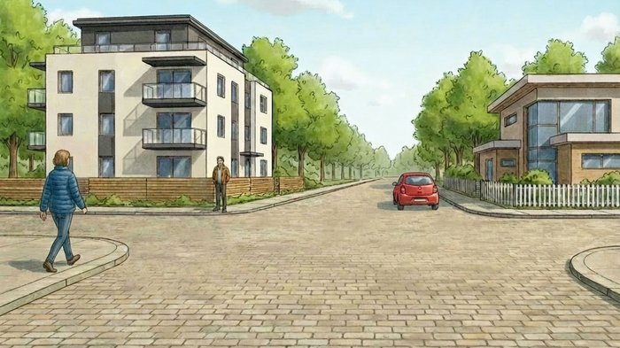 Zwei Fußgänger am Gehweg wollen eine Straße überqueren.