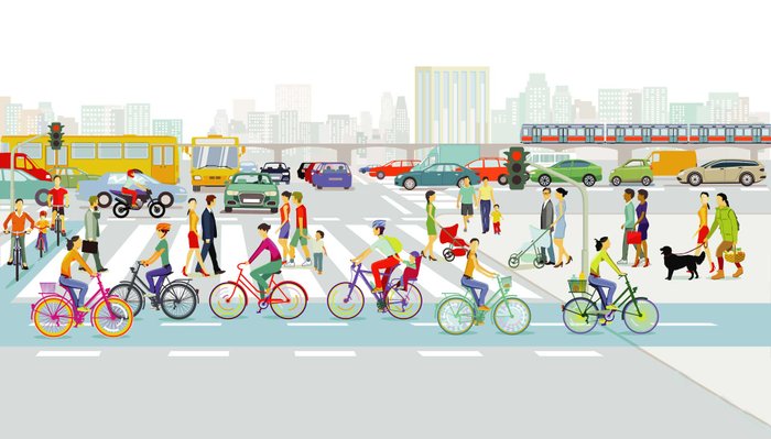 Hauptstraßen in einer Großstadt mit viel Straßenverkehr und Fußgänger auf dem Zebrastreifen