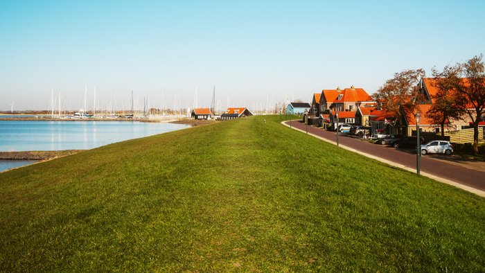 Blick vom Deich auf eine friesische Ortschaft mit Hafen