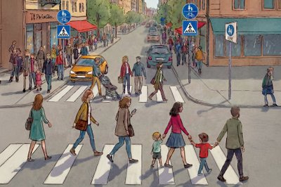 Eine Innenstadt mit vielen Fußgängern.