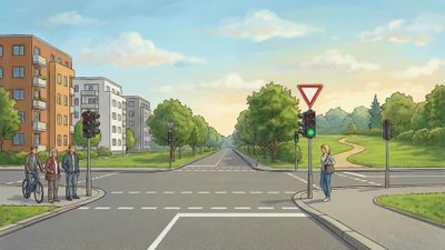 Eine Kreuzung mit Ampeln und Fußgängern.