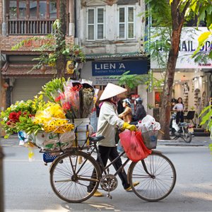 Verkäufer schiebt sein über und über mit Blumen bepacktes Fahrrad an einer Häuserfront vorbei.