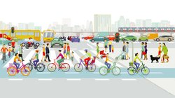 Hauptstraßen in einer Großstadt mit viel Straßenverkehr und Fußgänger auf dem Zebrastreifen