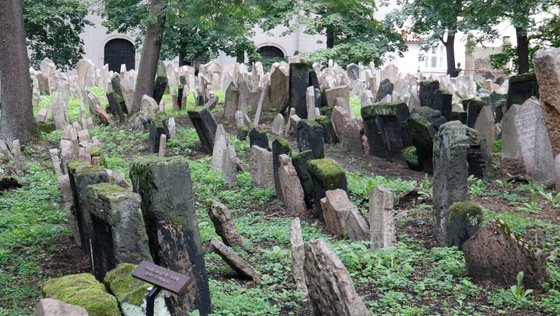 Blick auf den Alten Jüdischen Friedhof in Prag mit seinen verwitterten Gräbern