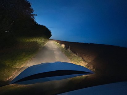 Halogenes Fernlicht macht Licht auf einem Feldweg.