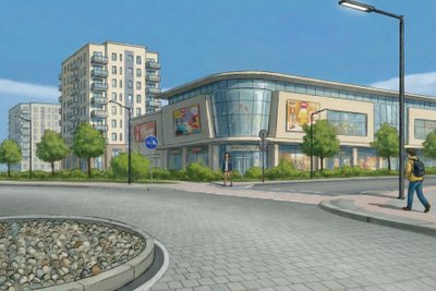 Fußgänger an einem Kreisverkehr.