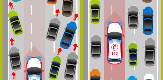 Eine Grafik zeigt, wie Autos auf einer dreispurigen Straße eine Rettungsgasse bilden.