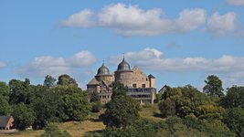 Blick auf eine Burg, die von Bäumen umgeben ist.