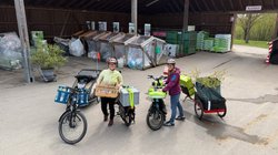 Vollgepackte Lastenräder und Fahrradanhänger am Wertstoffhof.