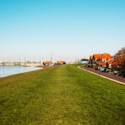Blick vom Deich auf eine friesische Ortschaft mit Hafen