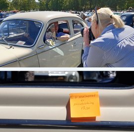 Frau fotografiert einen Mann, der in einem Oldtimer von Volvo sitzt. Ein geheimnisvoller Zettel auf der Windsschutzscheibe.