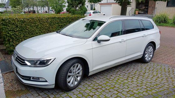Weißes Auto parkt auf einem Parkplatz neben einem Busch.
