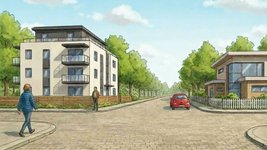 Zwei Fußgänger am Gehweg wollen eine Straße überqueren.