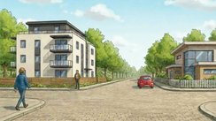 Zwei Fußgänger am Gehweg wollen eine Straße überqueren.