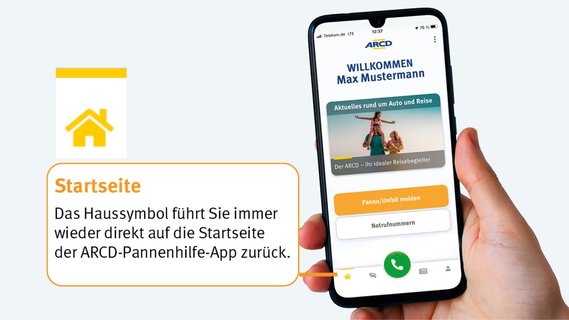 Anleitung ARCD-Pannenhilfe App Funktionen Home.
