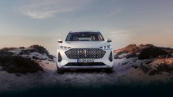 Weißes Auto, welches auf Sanddünen steht.