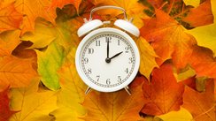 Wecker mit Herbstlaub als Symbol für die Zeitumstellung