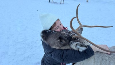 Anna-Lena Kaati kuschelt mit ihrem Rentier. 