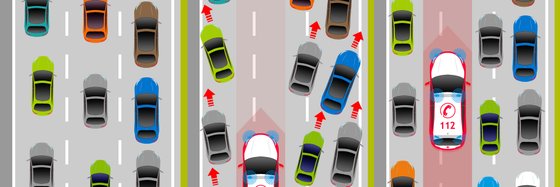 Eine Grafik zeigt, wie Autos auf einer dreispurigen Straße eine Rettungsgasse bilden.