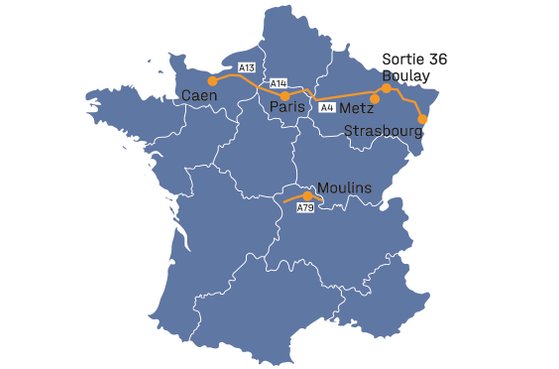 Auf einer Frankreich-Karte sind die Strecken für das Free-Flow-Maut-System eingezeichnet.