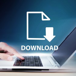 Hand an einem Laptop, darüber schwebt ein Download-Symbol.