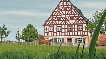 Ein Fachwerkhaus auf einer grünen Wiese.