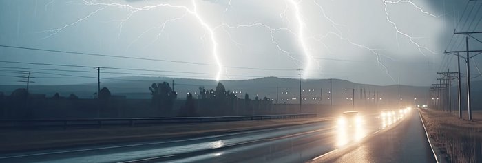 Straße in einer abendlichen Gewitterstimmung.