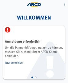 Anleitung ARCD-Pannenhilfe App Funktion Anmeldung erforderlich.