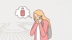 Piktogramm, Frau mit Gedankenblase in welcher ein Koffer ist.