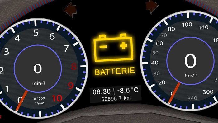 Nahaufnahme der Anzeige der Warnleuchte zur Autobatterie.