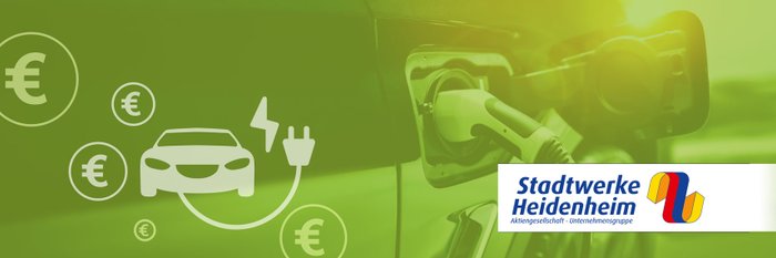 Im Vordergrund das Logo der Stadtwerke Heidenheim, Ein gezeichnetes Auto mit einem Ladekabel auf grünem Hintergrund, außen herum Euro Zeichen in Kreisen.