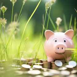 Sparschwein steht auf Münzen in hohem Gras.