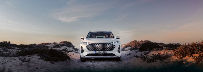 Weißes Auto, welches auf Sanddünen steht.