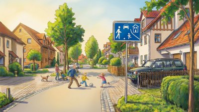 Kinder spielen auf der Straße im verkehrsberuhigten Bereich Fußball.