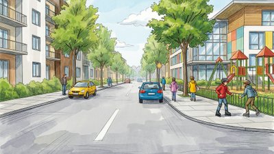 Inline-Skater auf einem Gehweg vor einem Spielplatz.