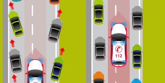 : Eine Grafik zeigt, wie Autos auf einer zweispurigen Straße eine Rettungsgasse bilden. 