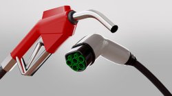 E- Auto Stecker neben Zapfpistole von Verbrenner.