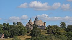 Blick auf eine Burg, die von Bäumen umgeben ist.
