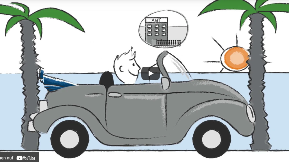 Ein animiertes Auto zwischen zwei Palmen.